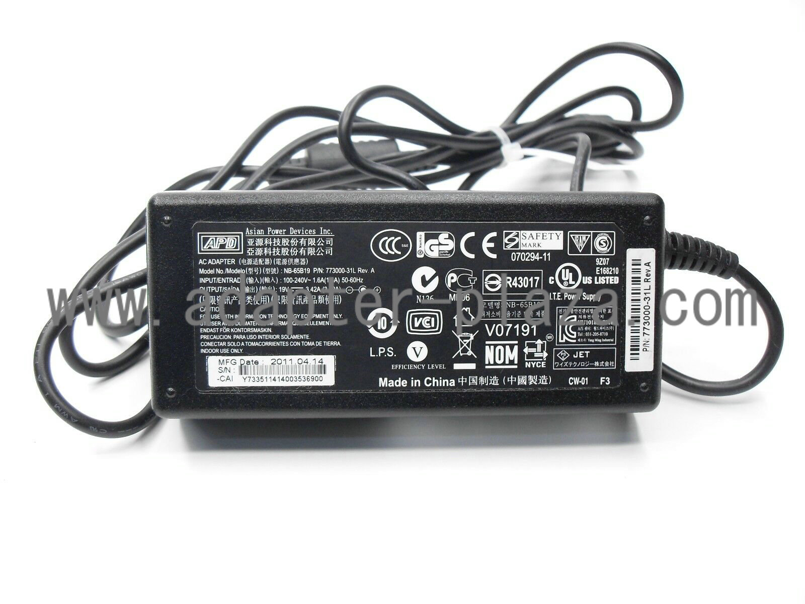 New Genuine APD NB-65B19 773000-31L AC Adapter Power Supply 19V 3.42A - Click Image to Close